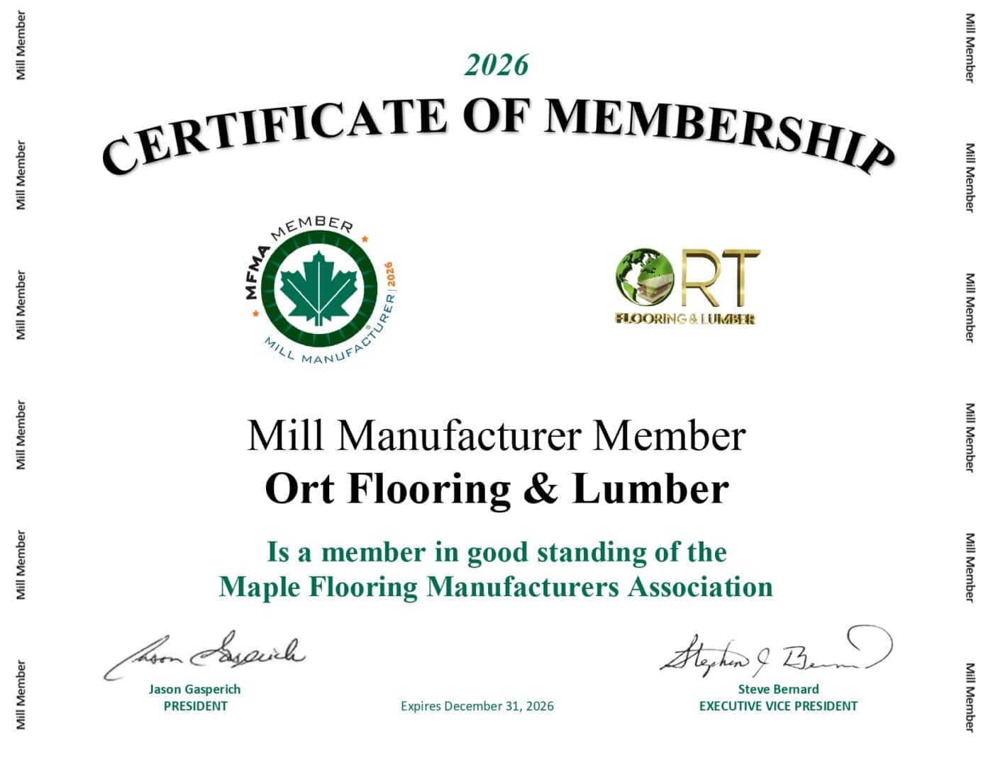2026 Mfma Certificate - Ort Flooring &Amp; Lumber